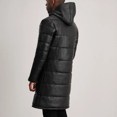 Elkum Black Leather Hooded Coat Jacket