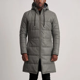 Elkum Grey Leather Hooded Coat Jacket