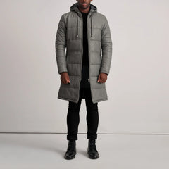 Elkum Grey Leather Hooded Coat Jacket