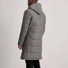 Elkum Grey Leather Hooded Coat Jacket