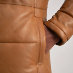 Elkum Tan Leather Hooded Coat Jacket