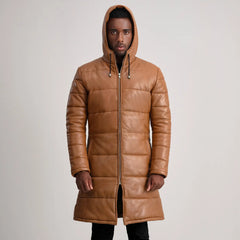 Elkum Tan Leather Hooded Coat Jacket
