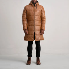 Elkum Tan Leather Hooded Coat Jacket