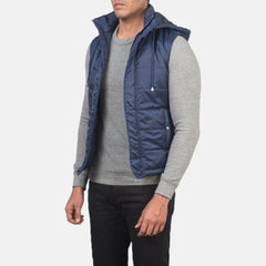 Nodin Blue Leather Hooded Vest Jacket