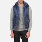 Nodin Blue Leather Hooded Vest Jacket