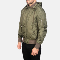 Rasos Green Leather Hooded Bomber Jacket