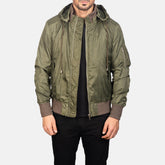 Rasos Green Leather Hooded Bomber Jacket