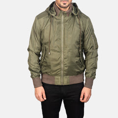 Rasos Green Leather Hooded Bomber Jacket