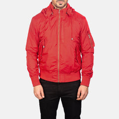 Rasos Red Leather Hooded Bomber Jacket