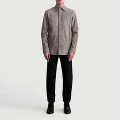 Zetean Grey Leather Shirt Jacket
