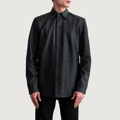 Zetean Black Leather Shirt Jacket