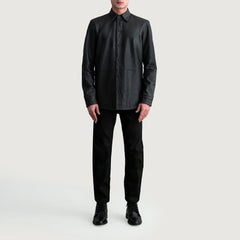 Zetean Black Leather Shirt Jacket