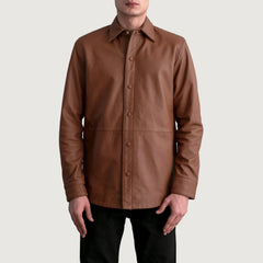 Zetean Brown Leather Shirt Jacket
