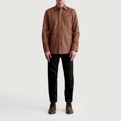Zetean Brown Leather Shirt Jacket