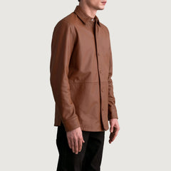 Zetean Brown Leather Shirt Jacket