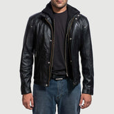 Panen Black Leather Hooded Jacket