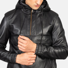 Sivar Black Leather Hooded Pullover Jacket