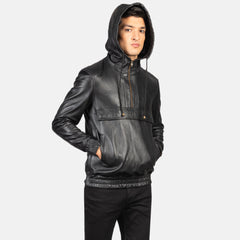 Sivar Black Leather Hooded Pullover Jacket