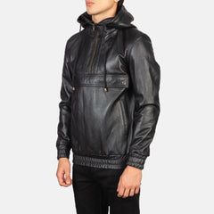 Sivar Black Leather Hooded Pullover Jacket