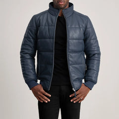 Lerus Blue Leather Bomber Jacket