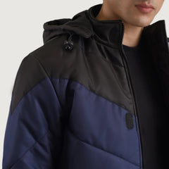 Yator Black Blue Leather Hooded Jacket