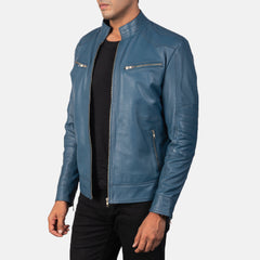 Nogos Blue Leather Biker Jacket