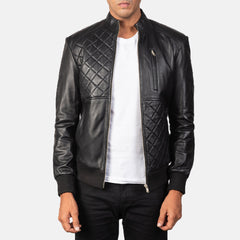 Kovean Black Leather Bomber Jacket