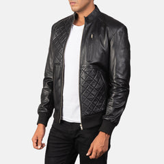 Kovean Black Leather Bomber Jacket