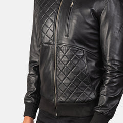 Kovean Black Leather Bomber Jacket