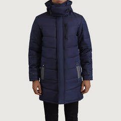 Sanen Blue Leather Hooded Parka Jacket