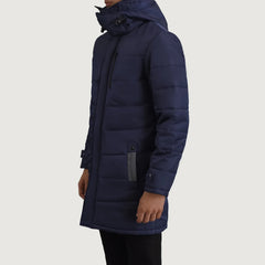 Sanen Blue Leather Hooded Parka Jacket