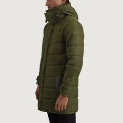 Sanen Green Leather Hooded Parka Jacket