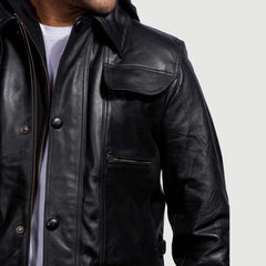 Kegan Black Leather Hooded Jacket