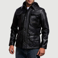 Kegan Black Leather Hooded Jacket