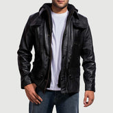 Ranix Black Leather Hooded Jacket