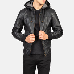 Vitor Black Leather Hooded Bomber Jacket