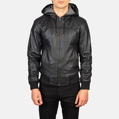 Vitor Black Leather Hooded Bomber Jacket