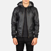 Vitor Black Leather Hooded Bomber Jacket