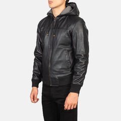 Vitor Black Leather Hooded Bomber Jacket