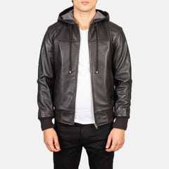 Vitor Brown Leather Hooded Bomber Jacket