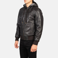 Vitor Brown Leather Hooded Bomber Jacket