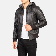 Vitor Brown Leather Hooded Bomber Jacket