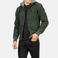 Vitor Green Suede Hooded Bomber Jacket