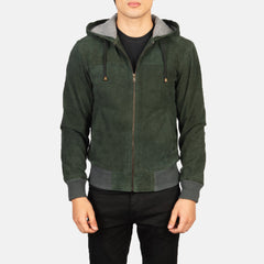 Vitor Green Suede Hooded Bomber Jacket