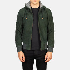 Vitor Green Suede Hooded Bomber Jacket