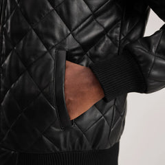 Xaven Black Leather Hooded Bomber Jacket