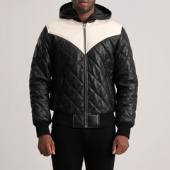 Xaven Black Leather Hooded Bomber Jacket