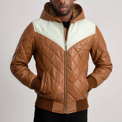 Xaven Tan Leather Hooded Bomber Jacket