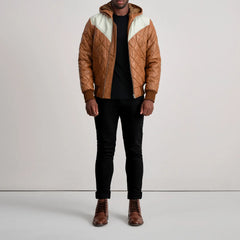Xaven Tan Leather Hooded Bomber Jacket