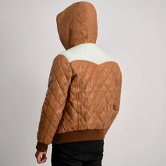 Xaven Tan Leather Hooded Bomber Jacket